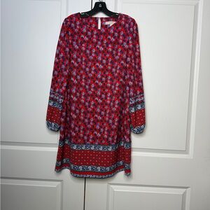 LOFT Red and Blue Casual Bishop Sleeve Dress